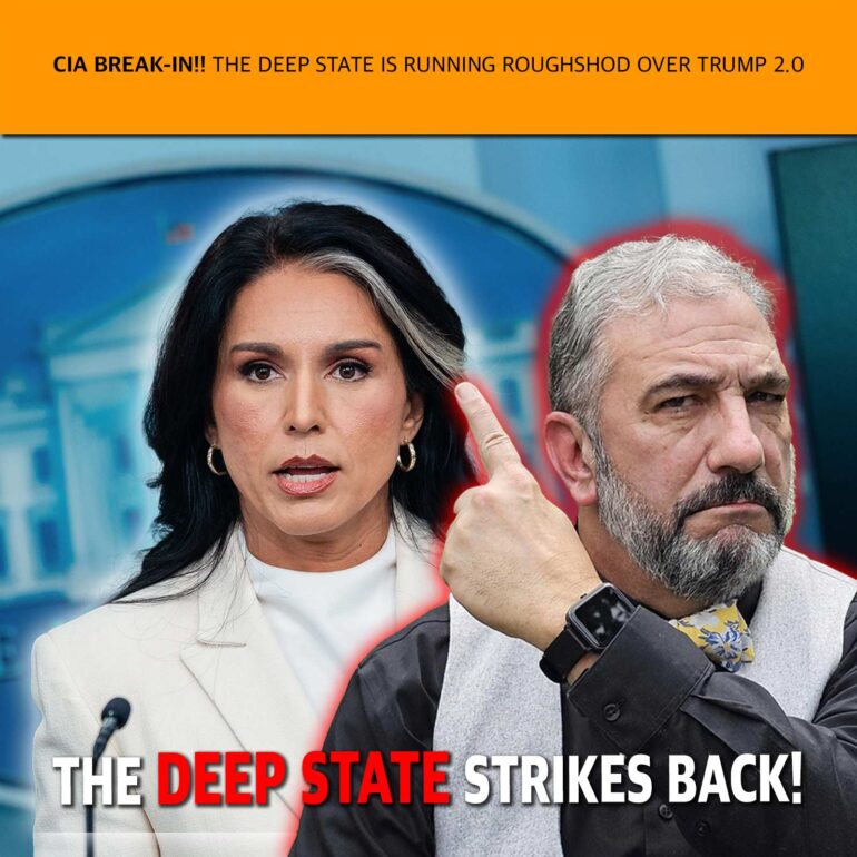 Two people at a press conference: a woman on the left speaking and a man beside her, with a bold caption reading 'THE DEEP STATE STRIKES BACK!'