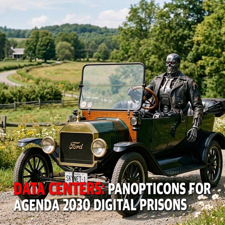 Vintage Ford car in a rural landscape with a cyborg in a leather jacket driving; large red-and-white headline text across the bottom about data centers and a 2030 agenda.
