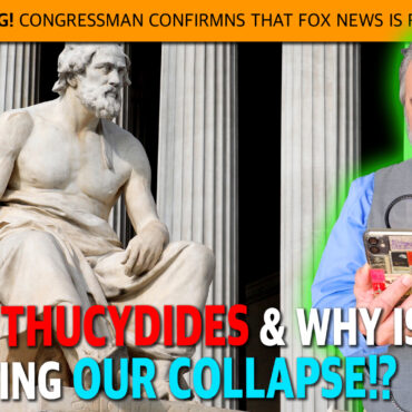 Statue on left beside a man with a magnifying glass and a phone, overlaid with bold orange headline about Fox News being rigged.