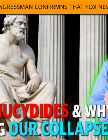 Statue on left beside a man with a magnifying glass and a phone, overlaid with bold orange headline about Fox News being rigged.