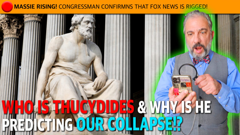 Statue on left beside a man with a magnifying glass and a phone, overlaid with bold orange headline about Fox News being rigged.