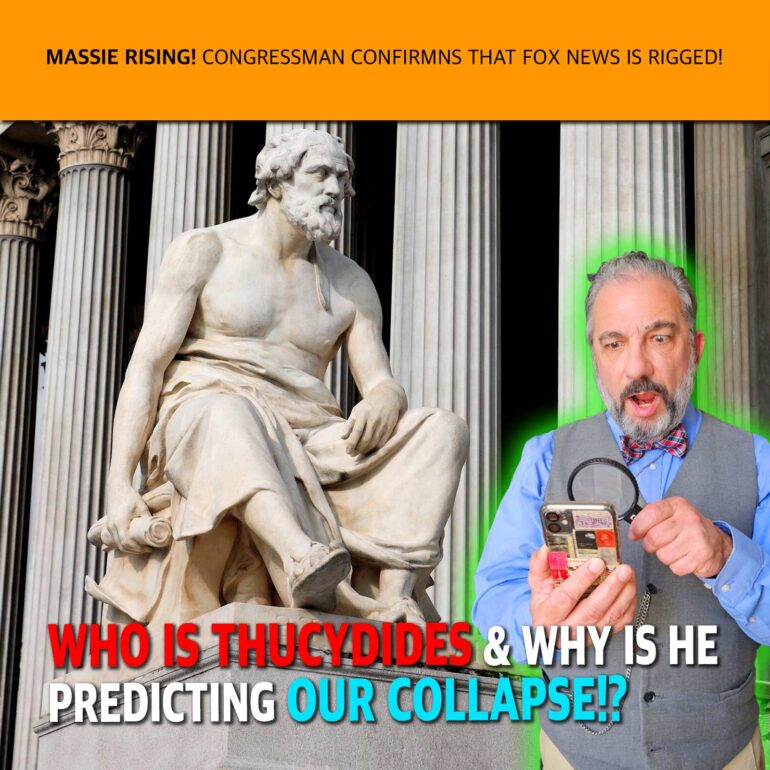 Thumbnail showing a marble statue of Thucydides beside a man in a blue shirt and gray vest filming with a smartphone; bright orange header and bold, colorful caption at the bottom reading 'Who is Thucydides & Why is He Predicting Our Collapse?'