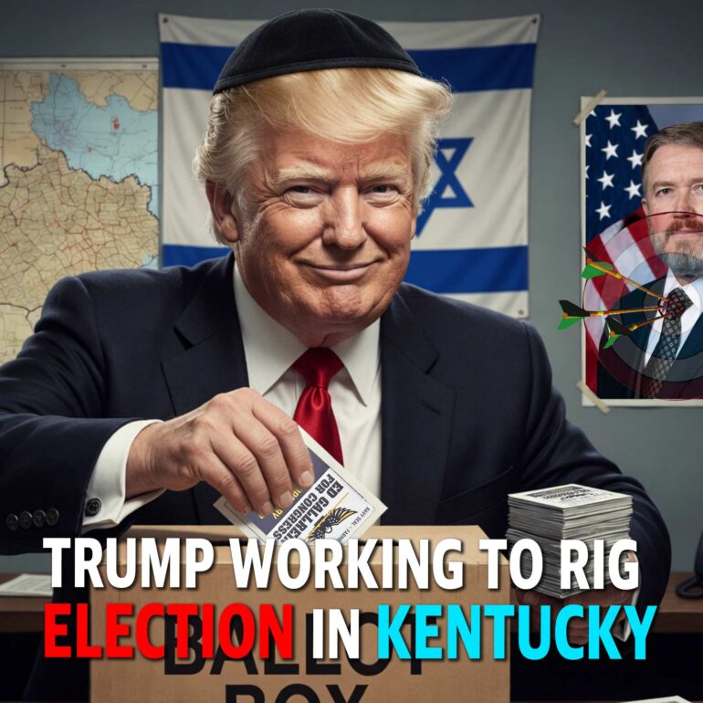 Close-up of a man with blond hair wearing a dark suit and red tie, stamping ballots at a desk, with an Israeli flag in the background and a map on the wall; magazine-style political cover text partially visible.