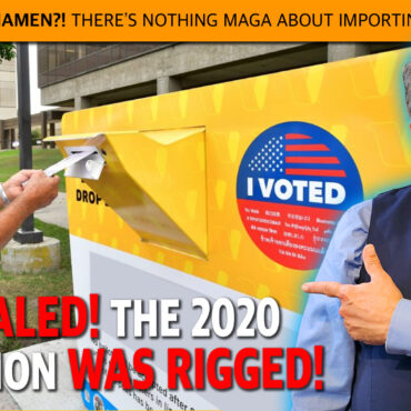 Thumbnail: man in white shirt with mask dropping a letter into a yellow mailbox, another man in vest and bow tie looking skeptical, with a bold orange banner and red headline about election rigging