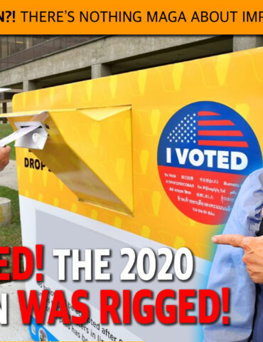 Thumbnail: man in white shirt with mask dropping a letter into a yellow mailbox, another man in vest and bow tie looking skeptical, with a bold orange banner and red headline about election rigging
