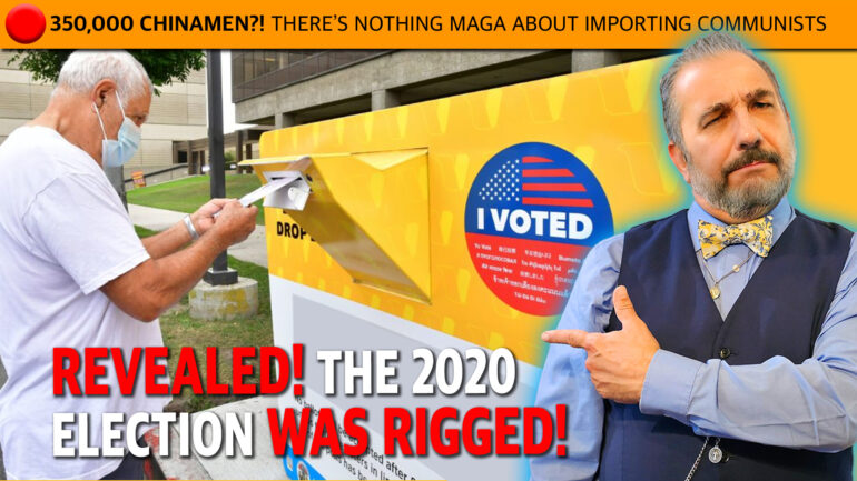 Thumbnail: man in white shirt with mask dropping a letter into a yellow mailbox, another man in vest and bow tie looking skeptical, with a bold orange banner and red headline about election rigging