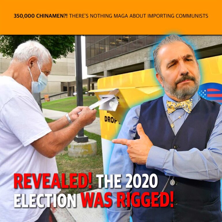 Thumbnail with an orange banner and bold headline; two men near a yellow drop box, one wearing a mask and signing paper, the other in a vest and bow tie.