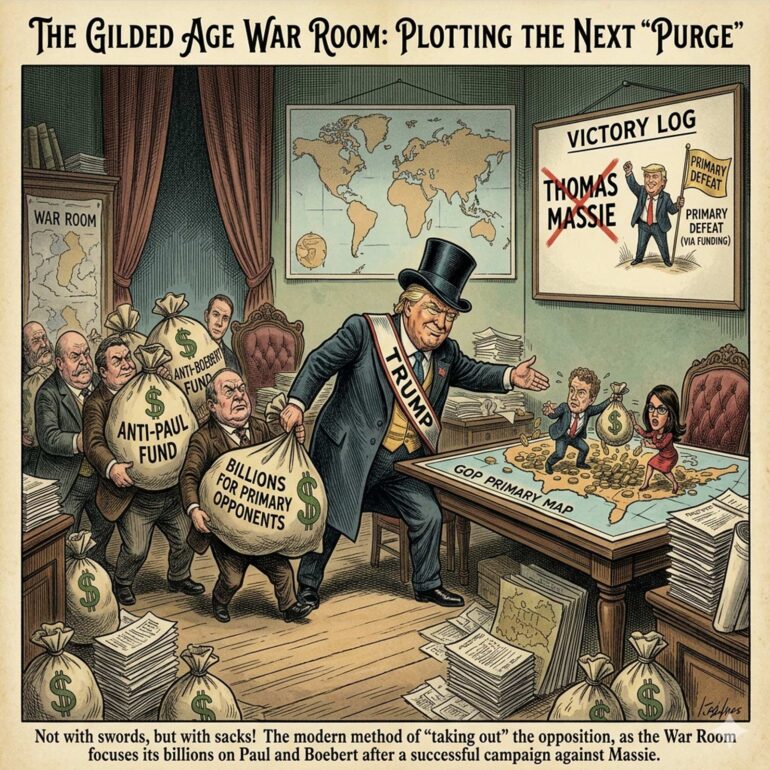 Political cartoon: a cloaked, top-hatted figure labeled 'TRUMP' in a war room plans with a map and a 'Victory Log' poster, while supporters carry money bags marked 'Anti-Paul Fund' and 'Billions for Primary Opponents'.