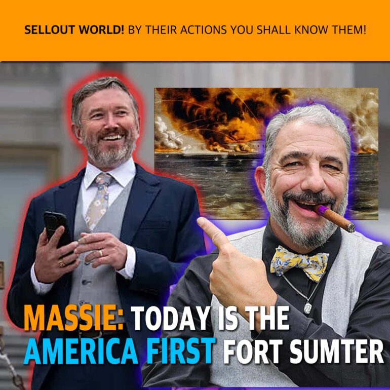 Political collage: two men in suits foreground with a fiery battle image and an orange banner overhead; bold headline text overlayed.