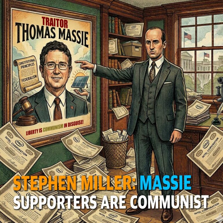 Political cartoon of a man in a suit pointing at a poster reading 'TRAITOR THOMAS MASSIE' with money and papers scattered around.