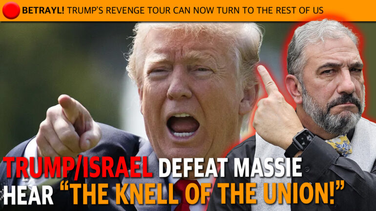 Two men in a political tabloid image with an orange banner and large bold red and white headlines about revenge and the union.