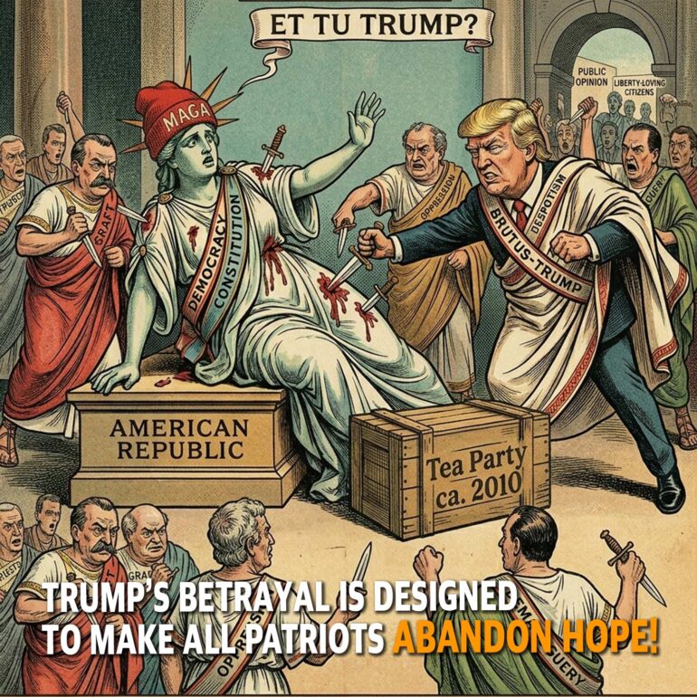 Statue of Liberty labeled MAGA is attacked by political factions as knives stab at a body labeled American Republic; crowd watches.