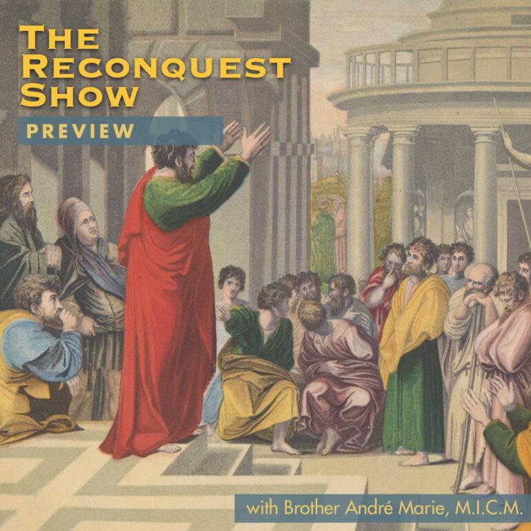 Poster for 'The Reconquest Show'—Preview. A man in a red robe raises his arms to address a crowd in a columned hall.