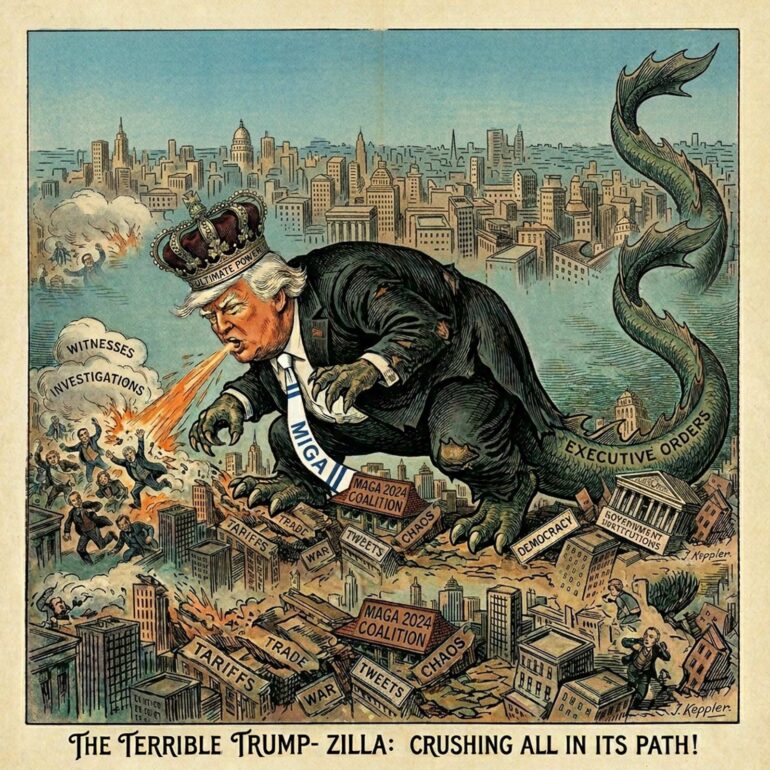 Dragon‑like Trump with a crown labeled 'Ultimate Power' tramples signs reading 'Tariffs', 'War', 'Chaos' as a burning city skyline looms.