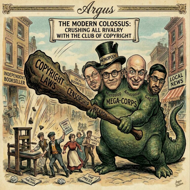 Cartoon of a giant creature labeled 'Mega-Corps' crushing copyright laws with a cannon-like weapon, as journalists and protesters watch in a town.”