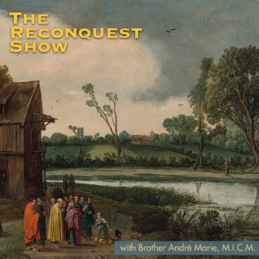 Poster for The Reconquest Show with a pastoral landscape: monks in colorful robes gathered near a river, yellow title text in the upper left corner.
