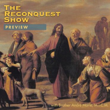 Poster for The Reconquest Show featuring a blue PREVIEW bar over a classical painting of robed figures on a shore.