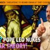 Bearded man in a beige suit holding a large Bible, pointing upward, in front of a stained-glass backdrop with bold headline text overlay about politics and religion.