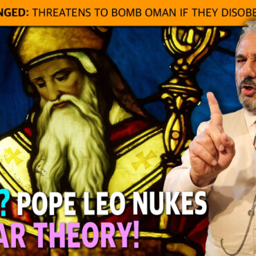 Bearded man in a beige suit holding a large Bible, pointing upward, in front of a stained-glass backdrop with bold headline text overlay about politics and religion.