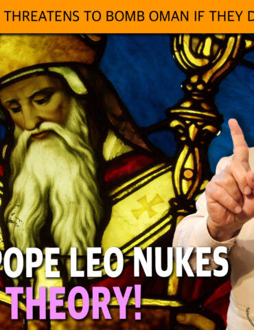 Bearded man in a beige suit holding a large Bible, pointing upward, in front of a stained-glass backdrop with bold headline text overlay about politics and religion.