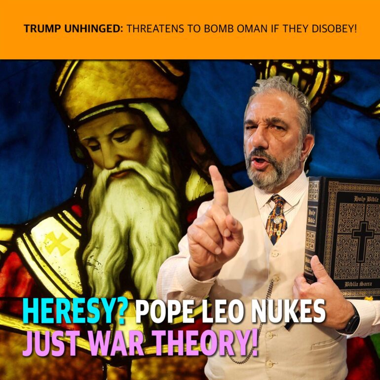 Magazine cover: orange banner with 'TRUMP UNHINGED: THREATS TO BOMB OMAN IF THEY DISOBEY!' over a man in a suit holding a Bible, gesturing, in front of a stained-glass image.