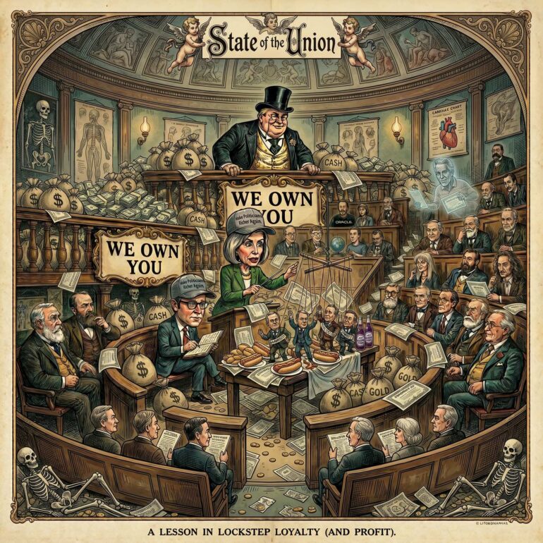 Cartoon of a fat banker behind a money-strewn podium with 'We Own You' signs, controlling a crowded legislative chamber with money bags and papers all around.