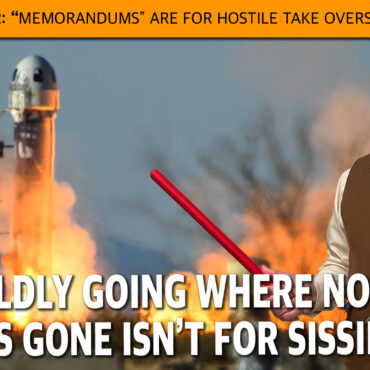 Meme-style thumbnail: a man in a brown vest and pink tie gestures with a red pointer in front of a rocket blasting off, overlaid with bold white text at bottom and an orange header headline about Iran week 12 Memorandums.