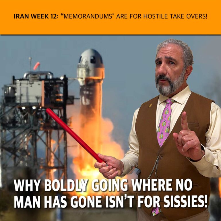 Meme image of a man in a brown vest and pink tie gesturing, with a rocket launch in the background and bold caption text at the bottom.