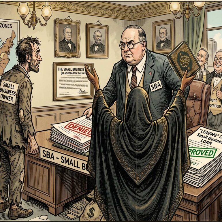 Large, stern official with 'SBA' badge speaks to a ragged small-business owner across a desk piled with 'DENIED' loan documents.