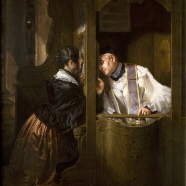Priest leaning from a ornate confessional to speak to a woman in a dark, period dress outside the booth.