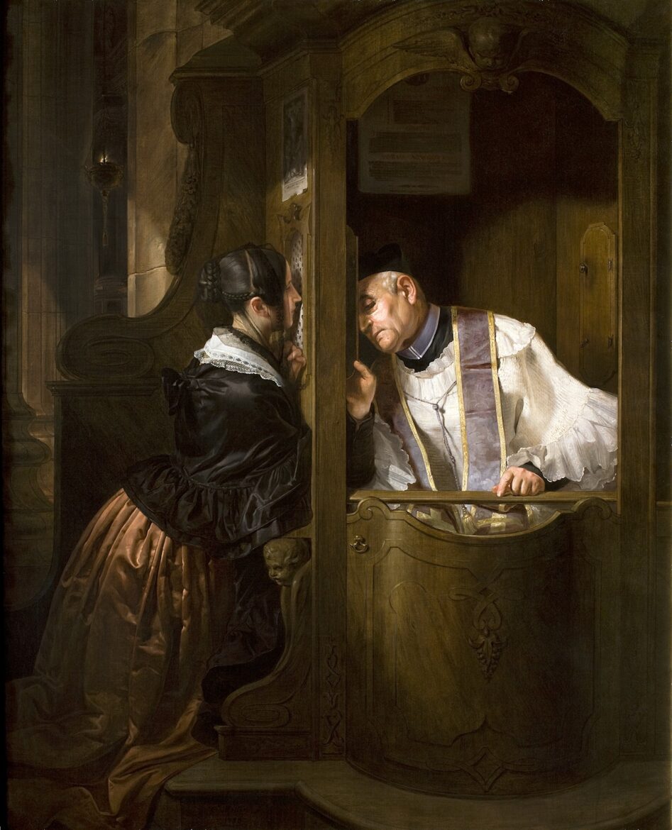 Priest leaning from a ornate confessional to speak to a woman in a dark, period dress outside the booth.