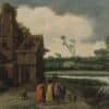 Group of villagers in bright robes walk along a riverbank beside a weathered house and ruined tower, with fields and trees beyond.