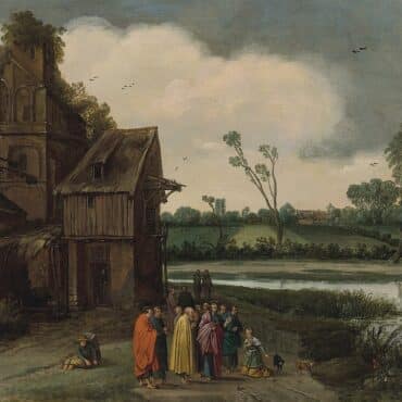 Group of villagers in bright robes walk along a riverbank beside a weathered house and ruined tower, with fields and trees beyond.