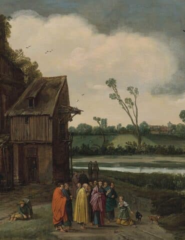 Group of villagers in bright robes walk along a riverbank beside a weathered house and ruined tower, with fields and trees beyond.
