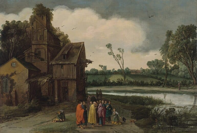 Group of villagers in bright robes walk along a riverbank beside a weathered house and ruined tower, with fields and trees beyond.