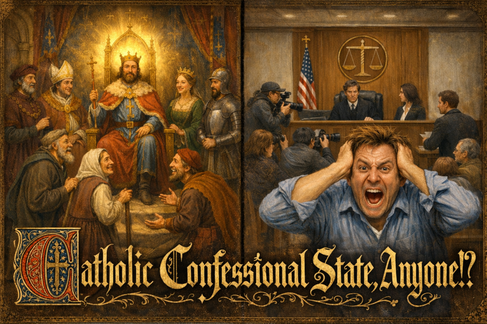 Editorial cartoon contrasting a medieval throne room with church officials and a crown-wearing king on the left, and a modern courtroom with cameras and a furious man on the right, captioned 'Catholic Confessional State, Anyone!?'